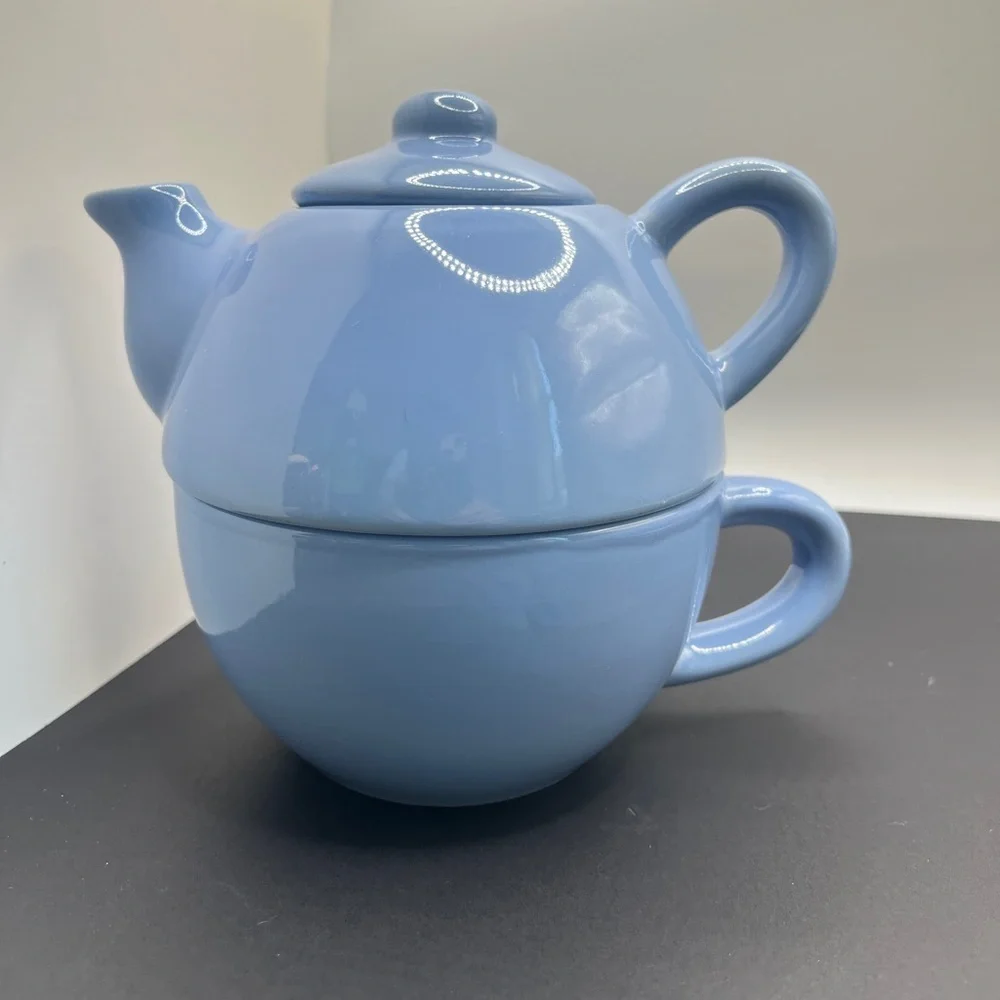Pier 1 Blue Ceramic Stoneware Tea For One Stackable Teapot Excellent Condition